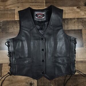 Vintage River Road Leather Motorcycle Vest Women's Medium Black Snap Biker Lace‎